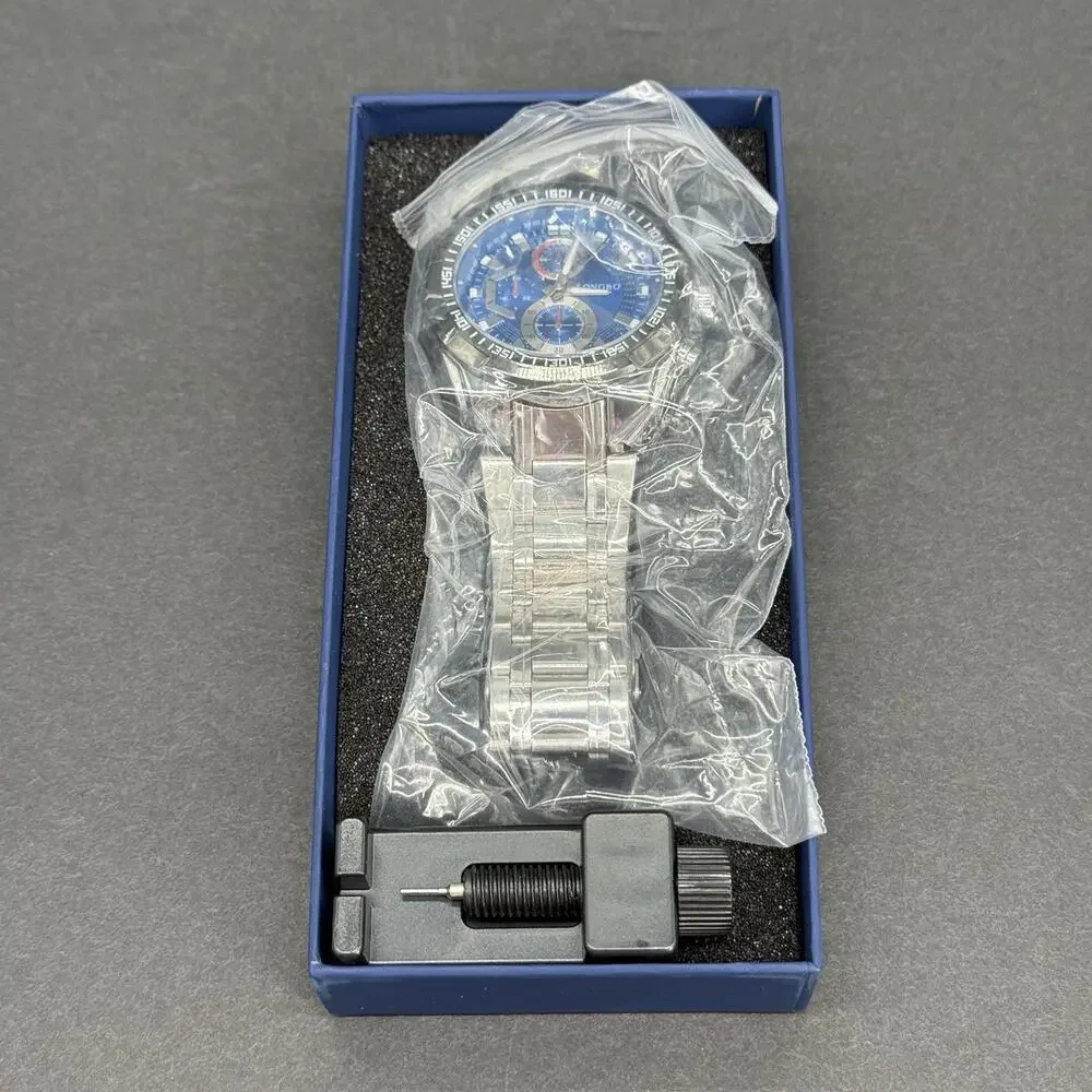 Longbo 80135 Men's Quartz Chronograph 12-Hour Blue Dial Silver Steel Watch